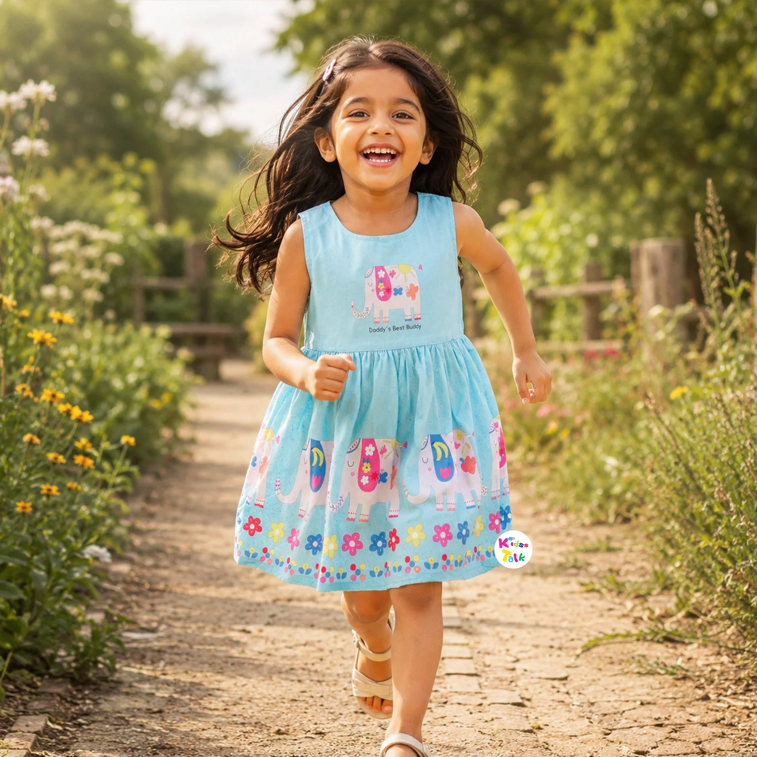 Poly Blend Sleeveless Frock With Cute Animal Print - Ice Blue